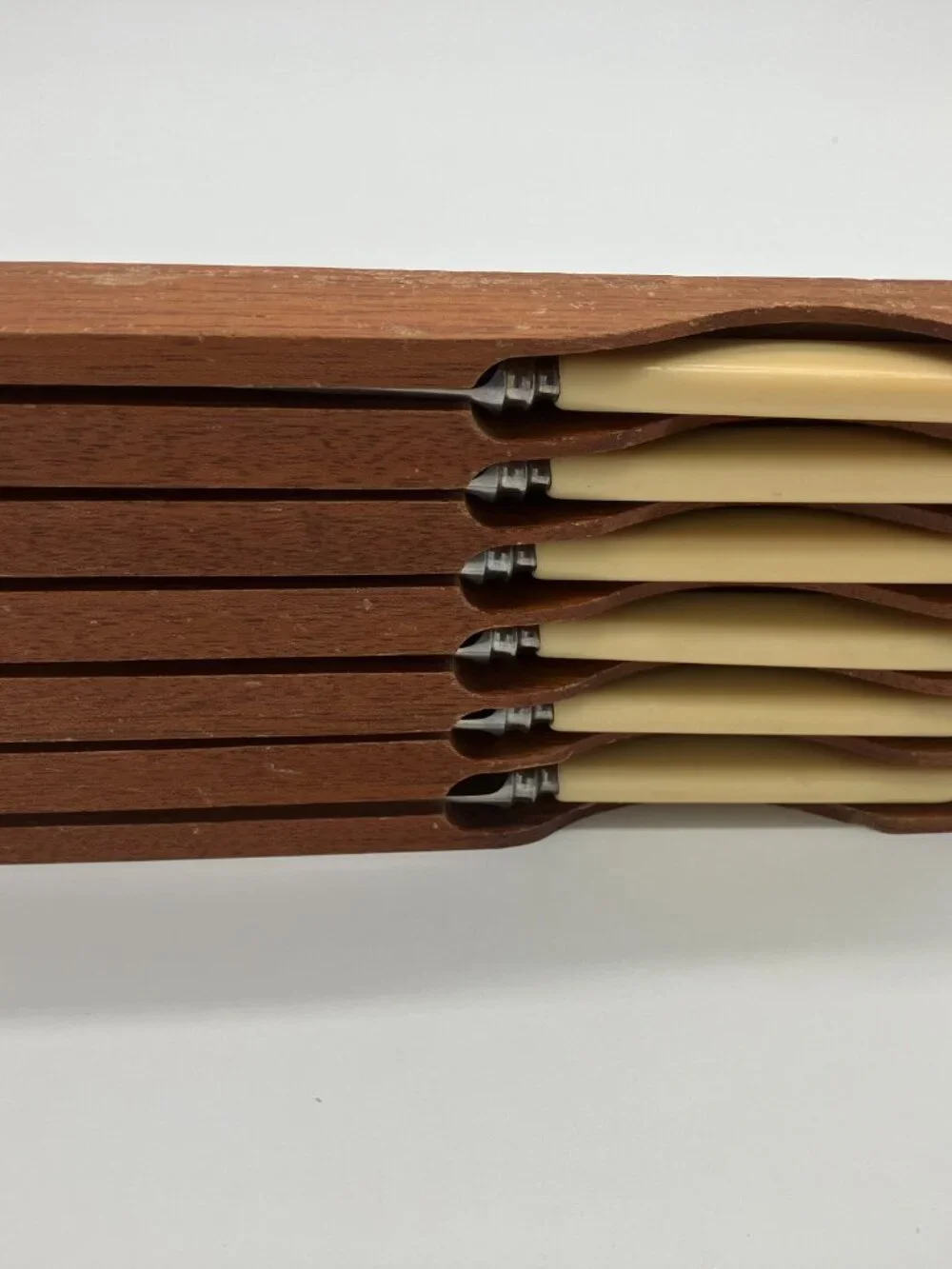 Leppington Sheffield England 6 PC Set Steak Knifes Wood Tray Vintage